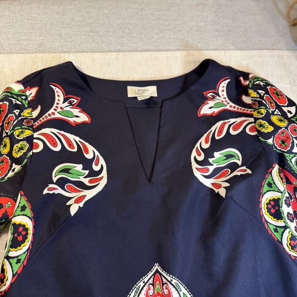 LOFT Navy Paisley Floral Print Shift Dress 4 V-Neck 3/4 Bell Sleeve. - Picture 10 of 11